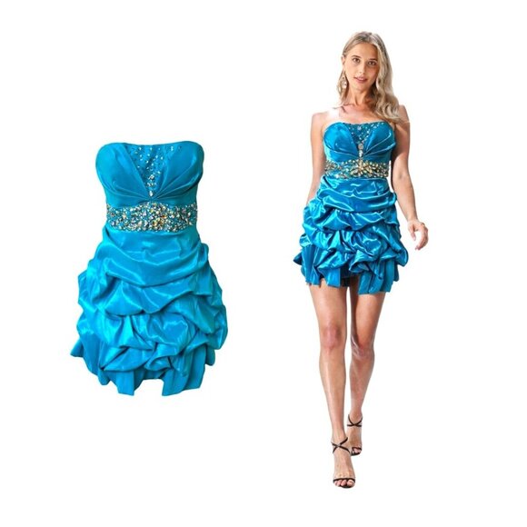 TEAL AQUA BLUE‎ MERMAID RHINESTONE RUCHED  STRAPLESS PARTY MINI DRESS LARGE EUC - Picture 1 of 5